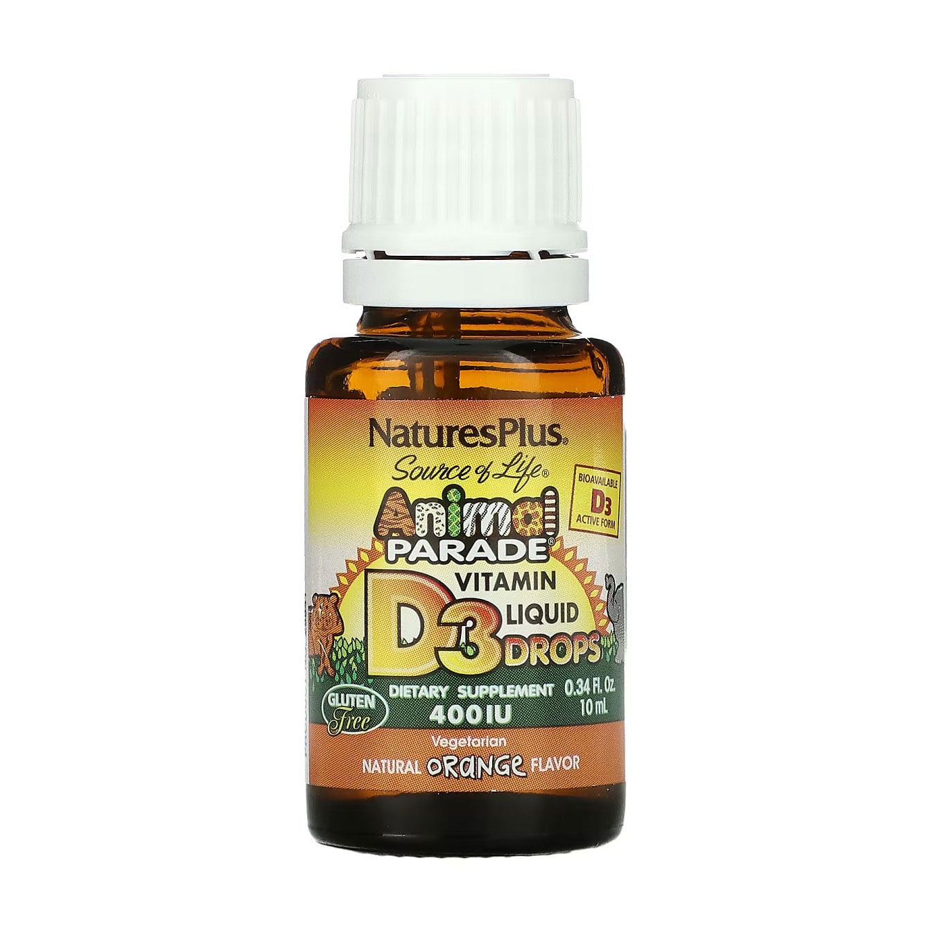 Дитячий вітамін Д3 NaturesPlus Animal Parade Vitamin D3 Liquid Drops, 400 МО, зі смаком апельсину, в рідині, 10 мл